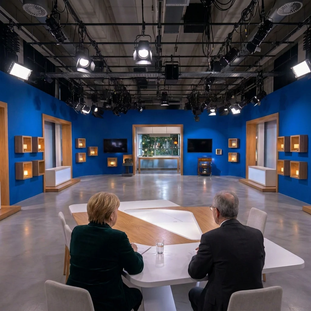 Un vaste plateau bleu vu depuis une table de préparation, sous une grille de projecteurs